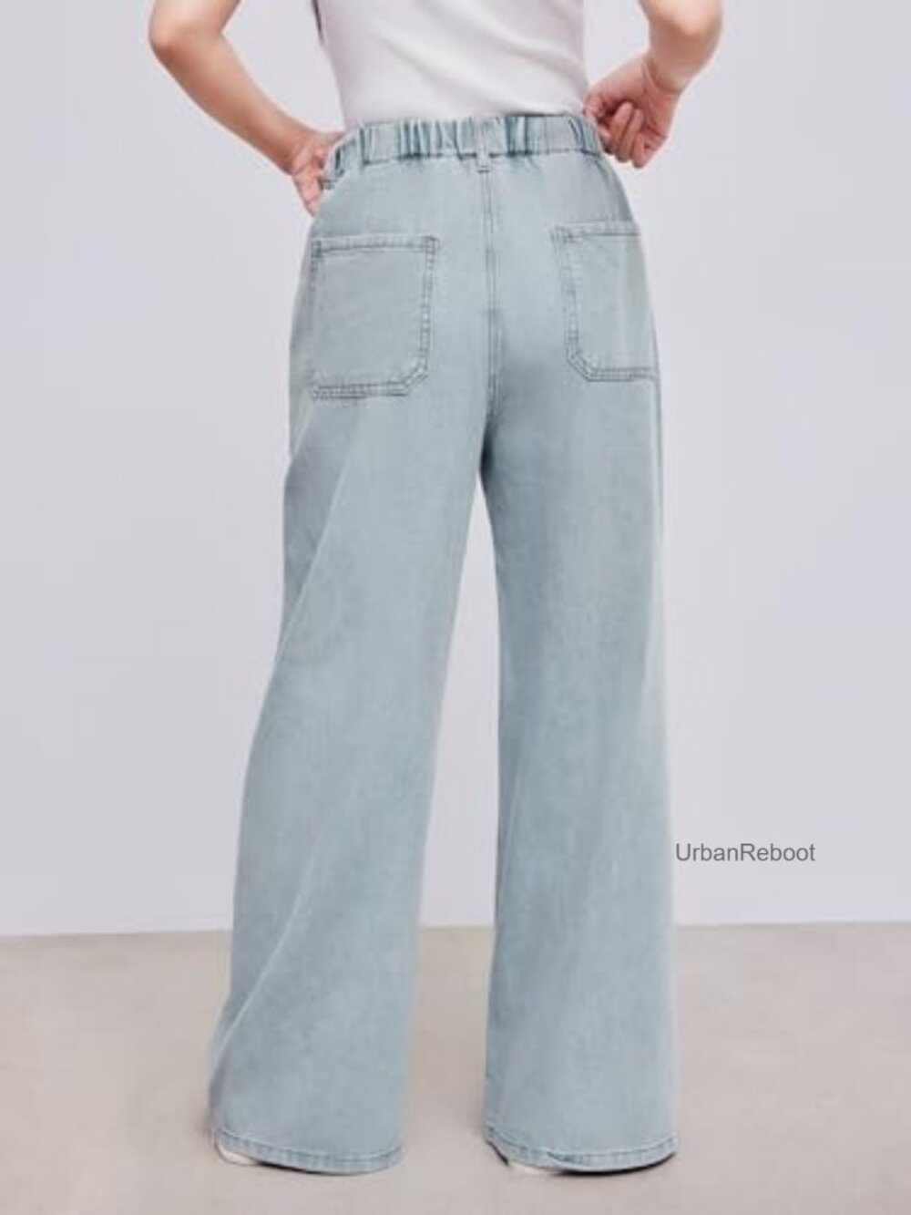 Drawstring Baggy Wide Leg Jeans High Waisted Pull On Denim Pants with Pockets - Picture 4 of 5